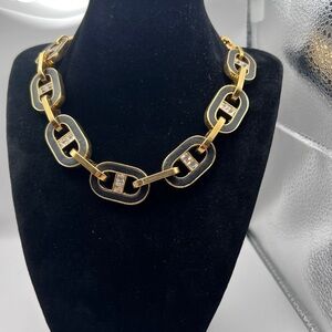 Ann Taylor Signed Inlay black leather with rhinestones Gold Tone Chunky Necklace
